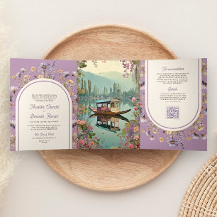Floral Shikara Kashmir Dal Lake Indian Wedding Tri-Fold Invitation