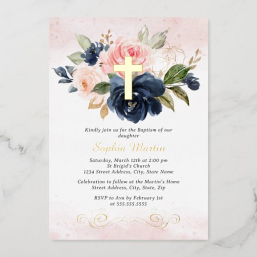 Floral Shiny Gold Cross Girl Pink Navy Baptism  Foil Invitation