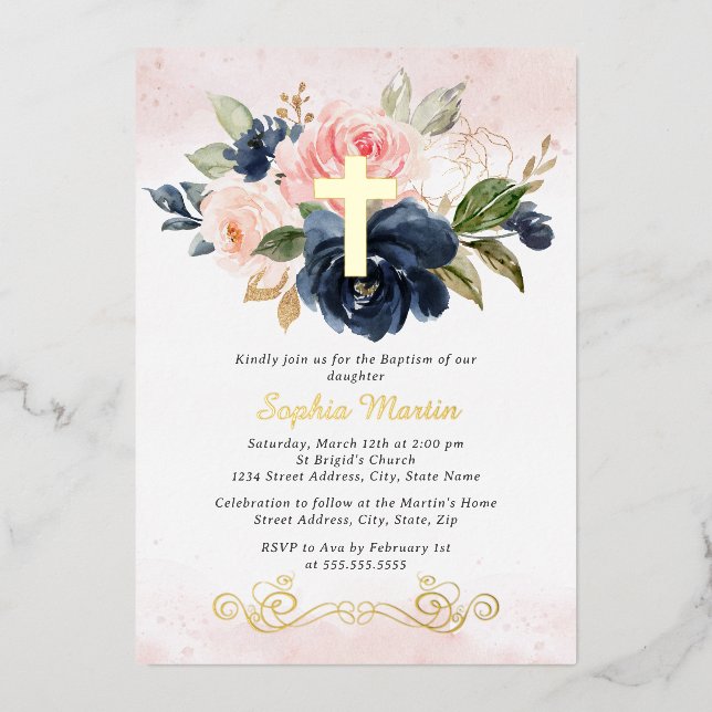 Floral Shiny Gold Cross Girl Pink Navy Baptism  Foil Invitation (Front)