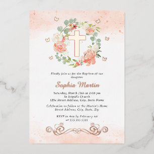 Floral Shiny Gold Cross Peach Floral Girl Baptism  Foil Invitation