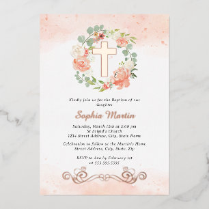 Floral Shiny Gold Cross Peach Wreath Girl Baptism Foil Invitation