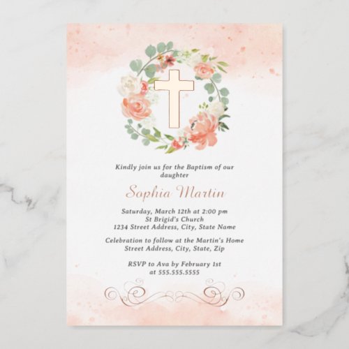 Floral Shiny Gold Cross Peach Wreath Girl Baptism  Foil Invitation