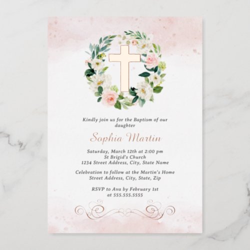 Floral Shiny Gold Cross Wreath Girl Baptism  Foil Invitation