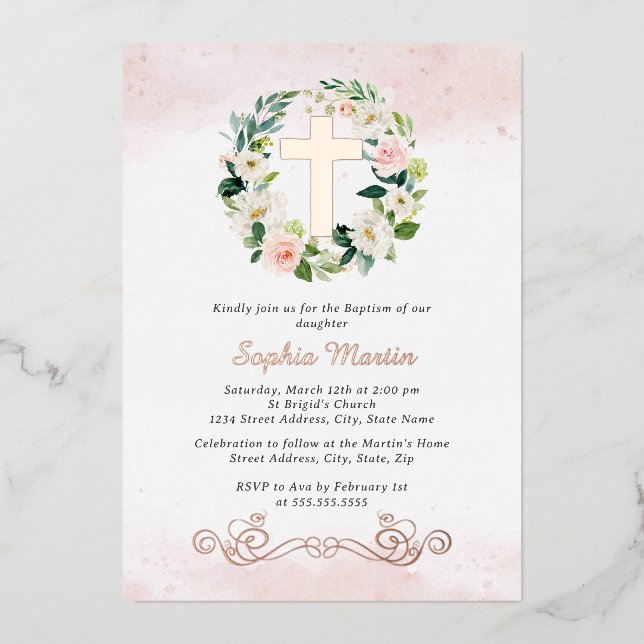 Floral Shiny Gold Cross Wreath Girl Baptism  Foil Invitation (Front)