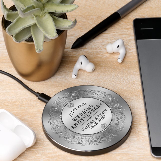 Floral shiny silver Frame 25th Wedding Anniversary Wireless Charger (Desk 2)