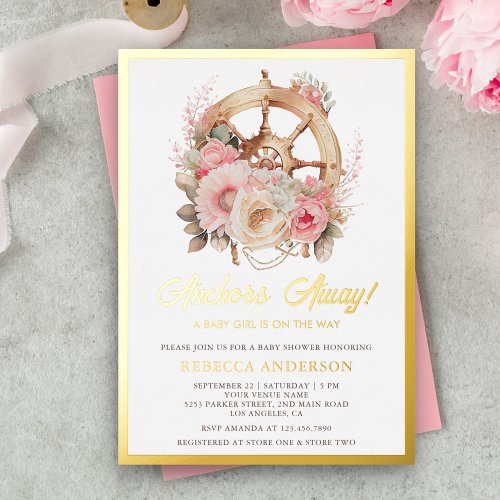 Floral Ship Wheel Nautical Girl Baby Shower Gold Foil Invitation