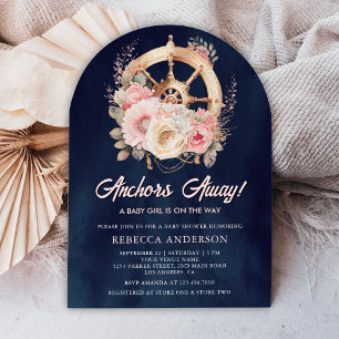 Floral Ship Wheel Nautical Girl Navy Baby Shower Invitation