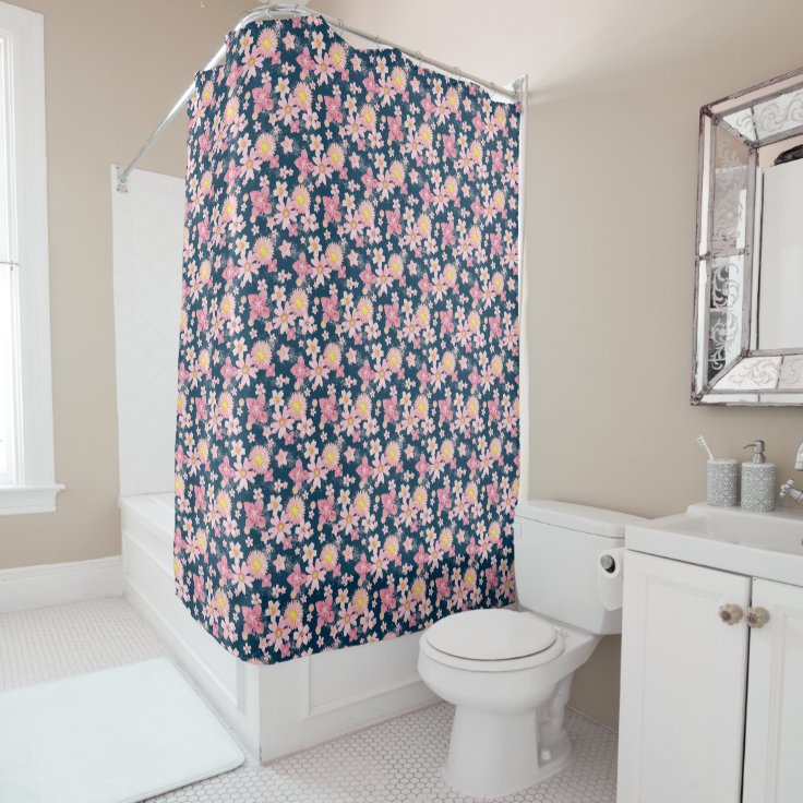 Floral Shower Navy Blue Shower Curtain | Zazzle