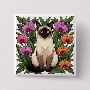 floral siamese cat button