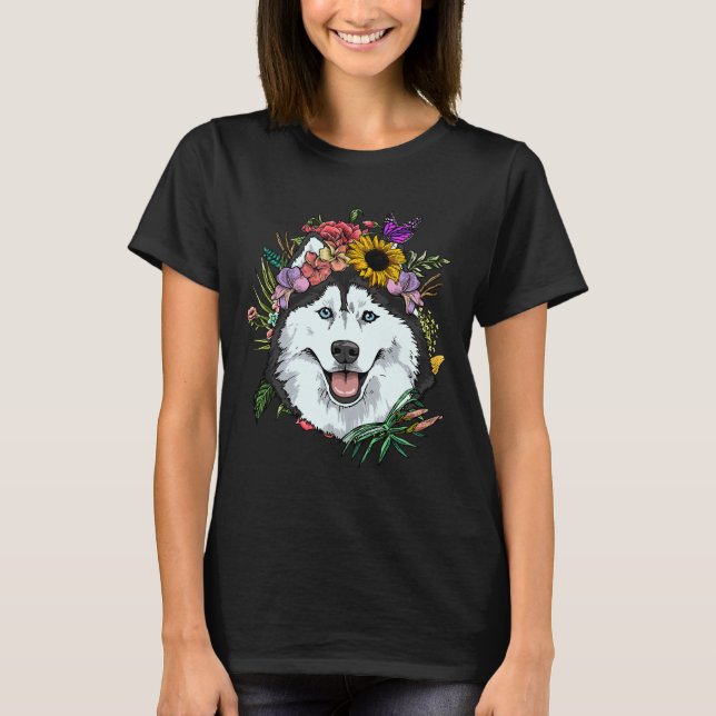 Floral Siberian Husky Dog Spring Nature Siberian H T-Shirt (Front)