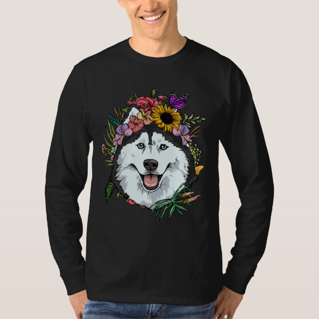 Floral Siberian Husky Dog Spring Nature Siberian H T-Shirt (Front)
