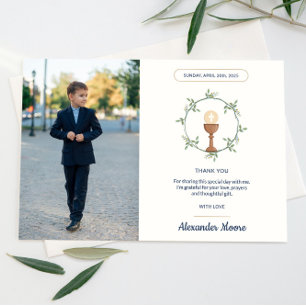 Floral Side Wreath Photo Communion Thank You Invitation
