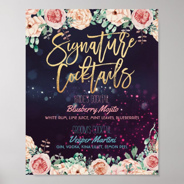 Floral Signature Cocktail Drink Menu Wedding Decor (Front)