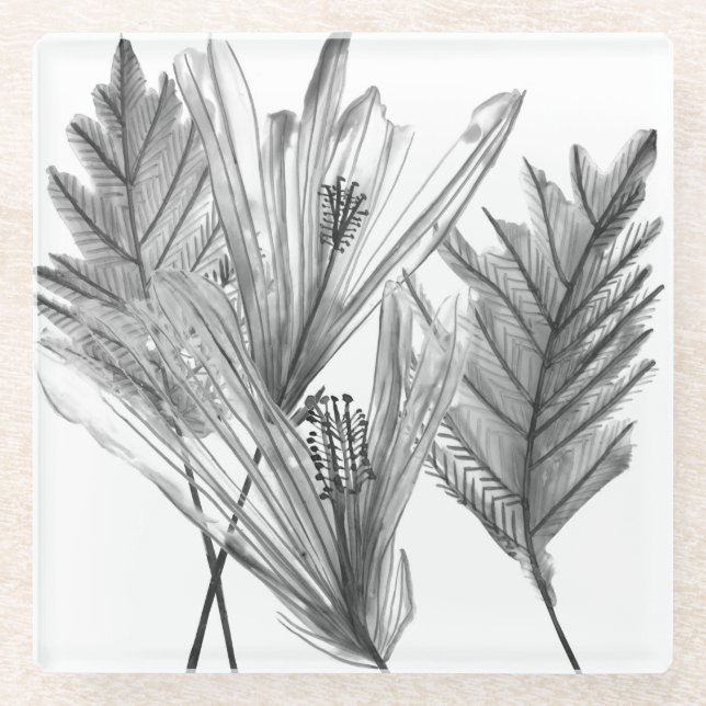 Floral Silhouette - Grey Glass Coaster (Front)