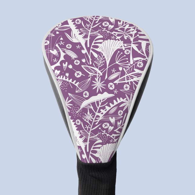 Floral Silhouette Purple Botanical Golf Head Cover (Purple and white botanical leaf and flower silhouette pattern golf head cover)