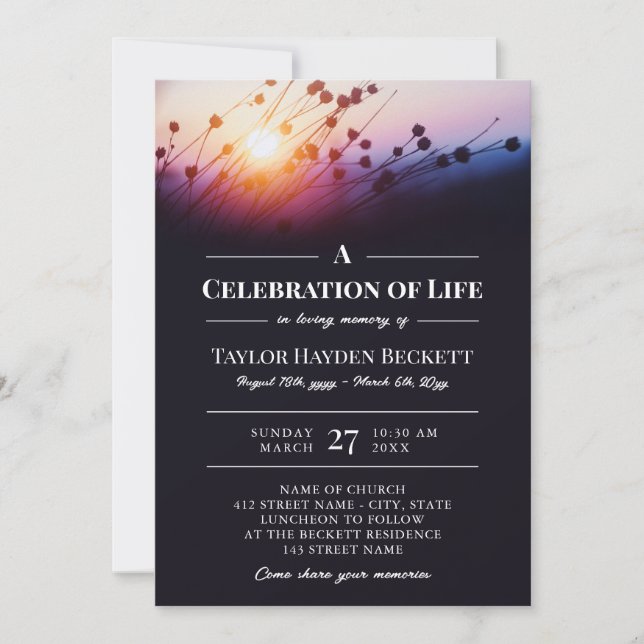 Floral Silhouettes at Sunset Celebration of Life Invitation (Front)