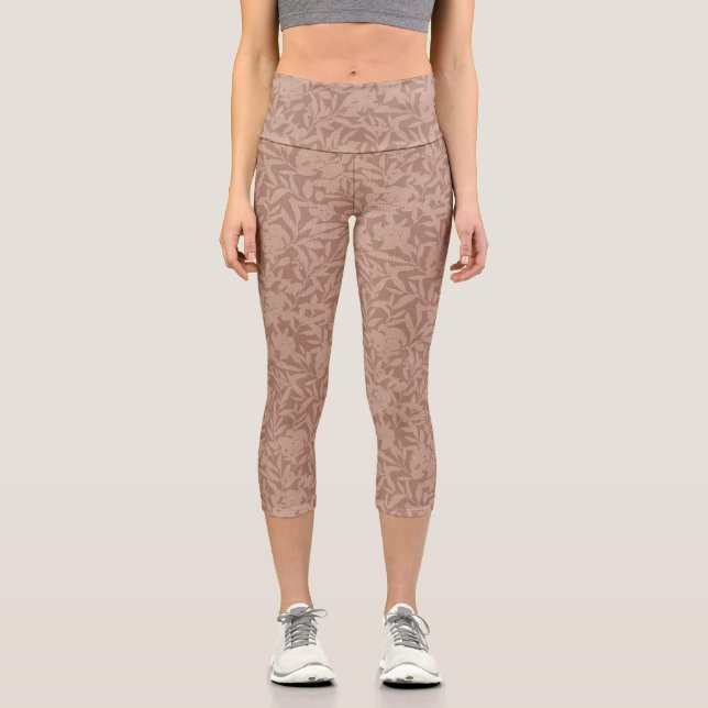 Floral silhouettes mocha mousse monochrome brown capri leggings (Front)