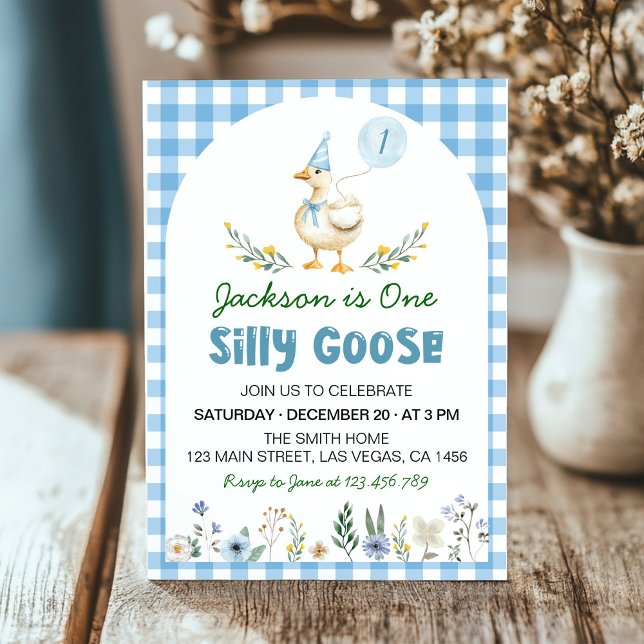 Floral Silly Goose Blue Balloon 1st Birthday Invitation (Creator Uploaded)