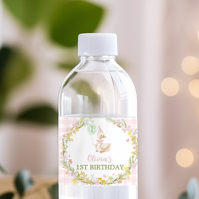 Floral Silly Goose Pink Girl Birthday Water Bottle Label (Creator Uploaded)