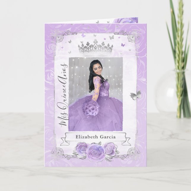 Floral Silver and Light Purple Quince Photo Folded Invitation (Front)