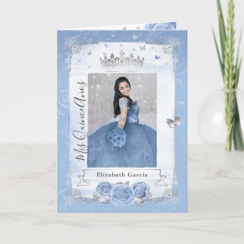 Floral Silver Baby Blue Quinceaera Photo Folded Invitation