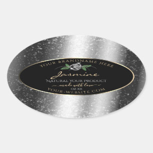 Floral Silver Black Product Labels Sparkle Glitter