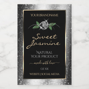 Floral Silver Black Product Labels Sparkle Glitter