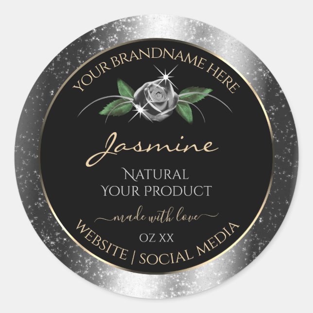 Floral Silver Black Product Labels Sparkle Glitter (Front)