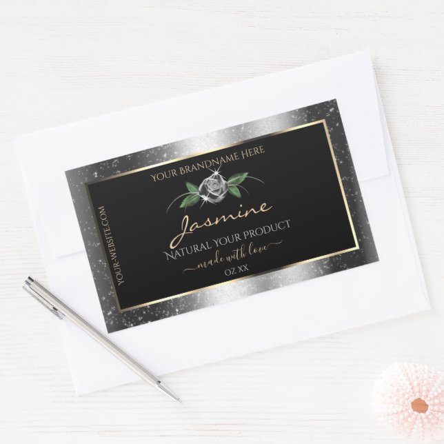 Floral Silver Black Product Labels Sparkle Glitter (Envelope)