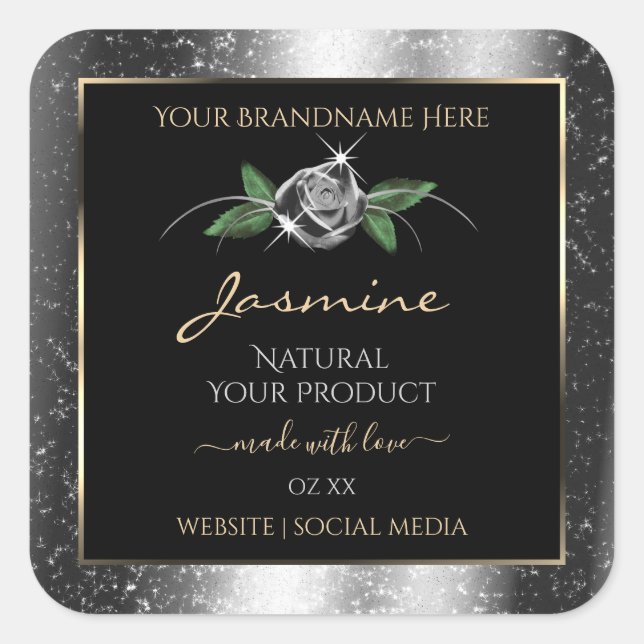 Floral Silver Black Product Labels Sparkle Glitter (Front)