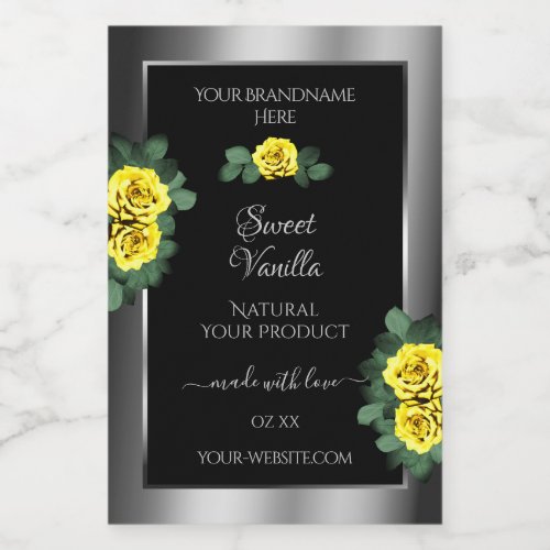 Floral Silver Black Product Labels Yellow Roses