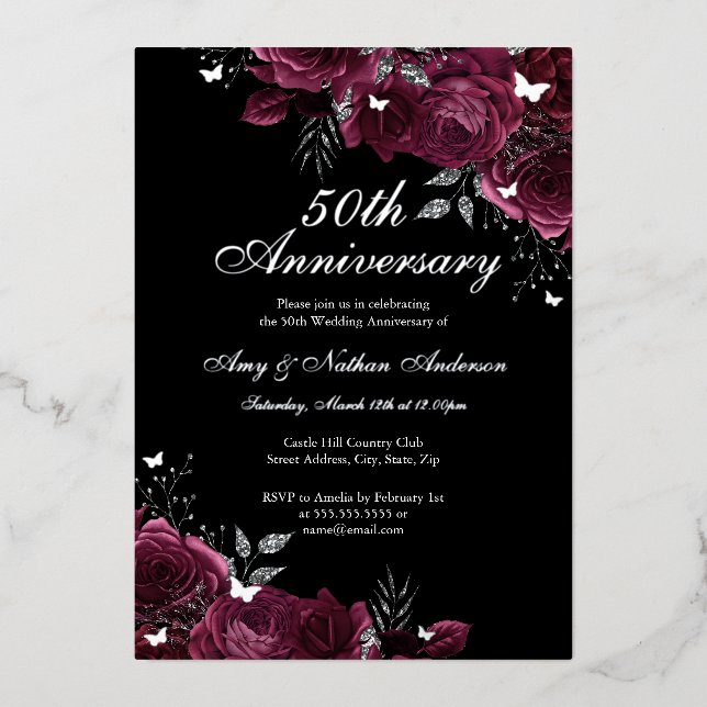Floral Silver Burgundy 50th Wedding Anniversary Foil Invitation (Front)