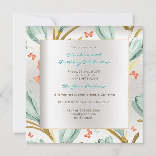 Floral Silver Butterfly Meadow Birthday Mint Green Invitation
