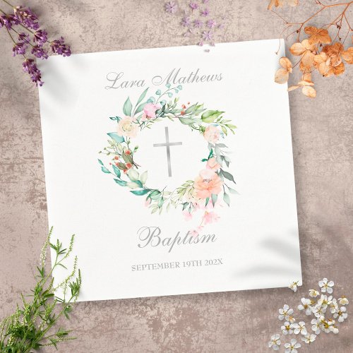 Floral Silver Cross Garland Baptism Christening Napkins