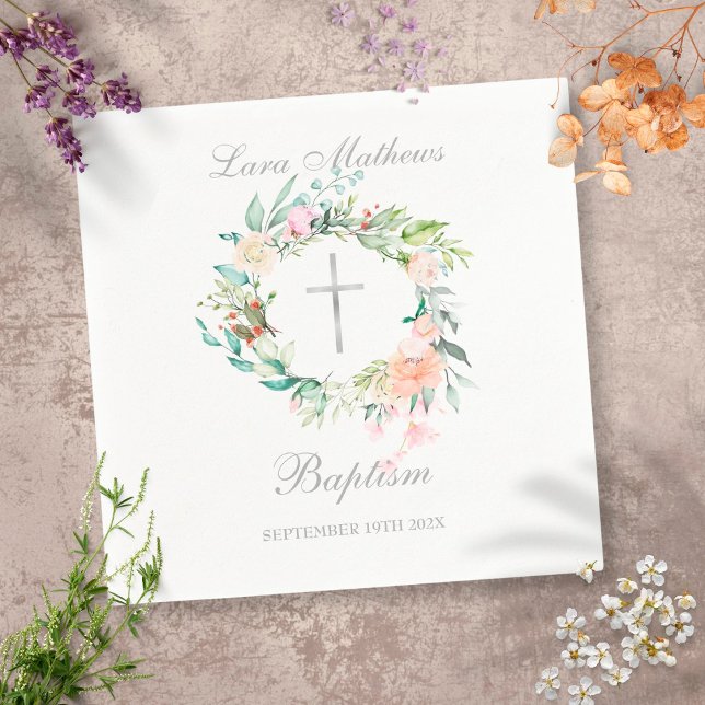 Floral Silver Cross Garland Baptism Christening Napkins (Creator Uploaded)