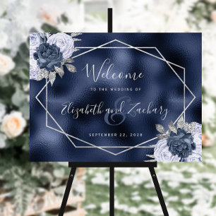 Floral Silver Dusty Blue Navy Wedding Welcome Foam Board