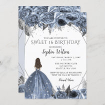 Floral Silver Dusty Blue Spakle Dress Sweet 16 Inv Invitation