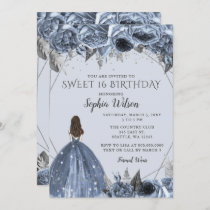 Floral Silver Dusty Blue Spakle Dress Sweet 16 Invitation