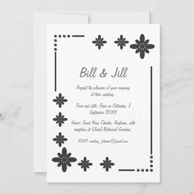 Floral Silver Frame On White Background Wedding Invitation (Front)