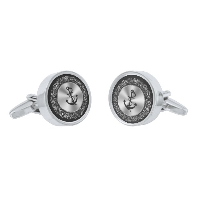 Floral silver frame with black anchor cufflinks (Angled)