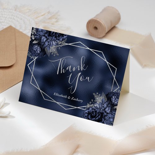 Floral Silver Geometric Navy Blue Foil Wedding Thank You Card