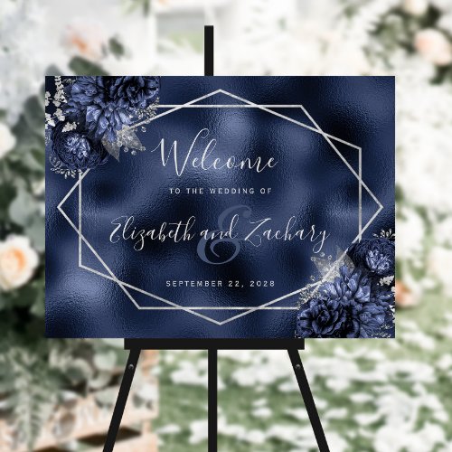 Floral Silver Geometric Navy Blue Wedding Welcome Foam Board