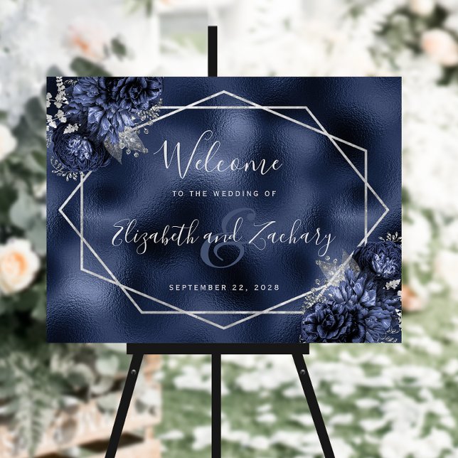 Floral Silver Geometric Navy Blue Wedding Welcome Foam Board (Creator Uploaded)