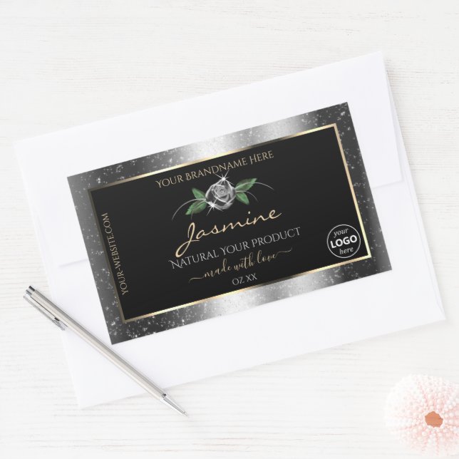 Floral Silver Glitter Black Product Labels Logo (Envelope)