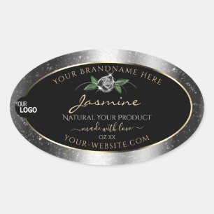 Floral Silver Glitter Black Product Labels Logo