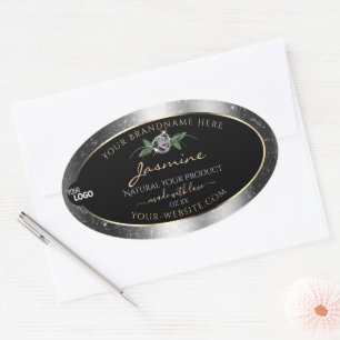 Floral Silver Glitter Black Product Labels Logo