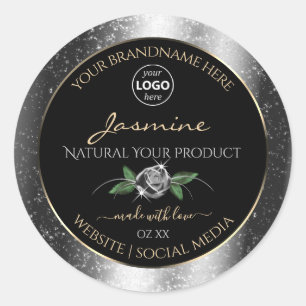 Floral Silver Glitter Black Product Labels Logo