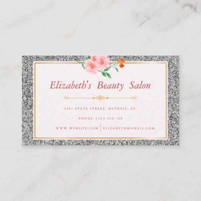 Floral Silver Glitter Makeup Artist Beauty Salon Business Card (Back)