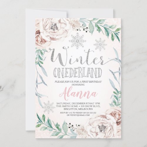 Floral Silver Glitter Winter Onederland Birthday Invitation