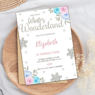 Floral Silver Glitter Winter Wonderland Birthday Invitation
